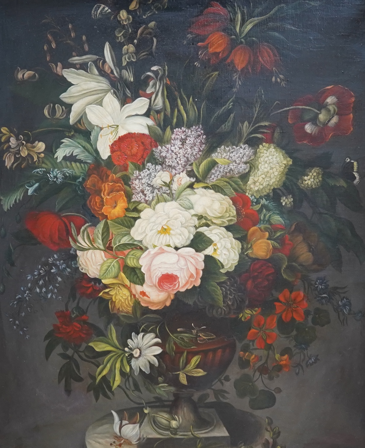 Continental School, oil on canvas, Still life of flowers in a vase, unsigned, 62 x 51cm, gilt framed. Condition - good